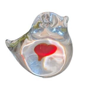 Made in Sweden Clear Art Glass Bird W/ Red Heart Paperweight Figurine